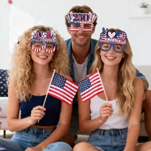 USA 250th anniversary party novelty paper glasses and mini national flags for celebration events.