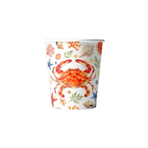 Tazza di carta usa e getta tema granchio oceano estivo per set stoviglie, acquerello.