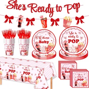Babyparty Geschirr Set rot weiß kariert Cola Thema Teller Becher Servietten Banner