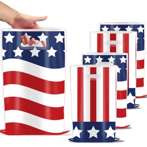 American flag plastic shopping bags with die-cut handles for holiday party supplies.