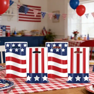 American Independence Day party plastic gift bags with patriotic stars and stripes design.
