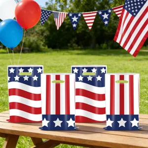 American flag themed party favor bags with star and stripe patterns for celebrations.