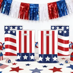 Patriotic American flag plastic shopping bags, perfect for Independence Day party favors and gifts.
