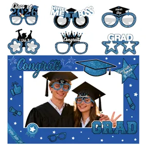 accessori foto festa di laurea 2026 occhiali di carta glitterati blu decorazione