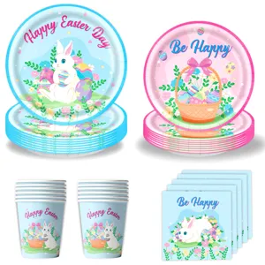 Ostern Party Geschirrset mit Papiertellern Bechern und Servietten mit Hasen Motiv.