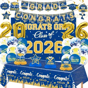 2026 Abschluss Party Dekoration Set mit Banner Luftballons und blau goldener Tischdecke.