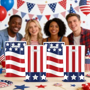 American Independence Day party goodie bags with patriotic red white and blue star stripe design.