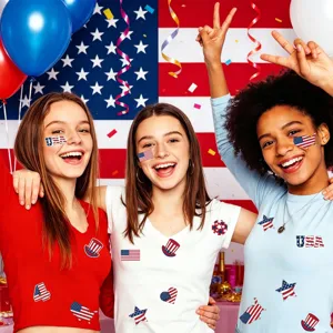 Independence day party photo props USA flag temporary tattoos and festive decorations for celebration.