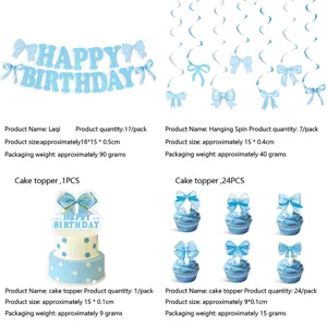 Blauwe strik verjaardag feestdecoratie banner hangende spiralen en taarttopper set