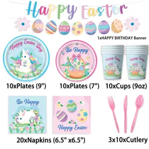 Osterparty Geschirr Set mit Tellern Bechern Servietten Banner und niedlichen Hasen Eier Motiven.