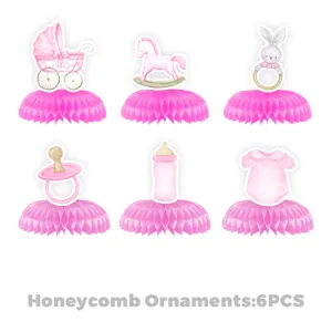 Pink baby shower honeycomb centerpieces 6pcs party table decorations for newborn celebrations.