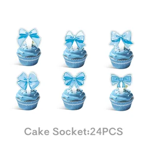 Blauwe strik taarttopper set voor verjaardagsfeest desserttafel decoratie en bakkersbenodigdheden 24st