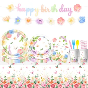 Spring floral butterfly birthday party supplies set including plates cups and banner.