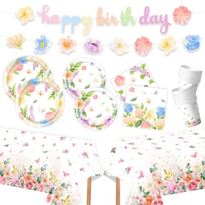 Frühling Blumen Schmetterling Geburtstag Party Zubehör Set mit Teller Becher und Banner.