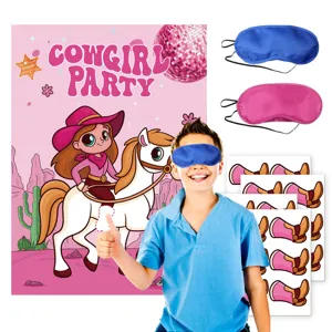Rosa Cowgirl Party Spiel Poster Set mit Augenbinden und Aufklebern für Kindergeburtstag.