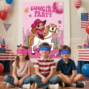 Rosa Western Cowgirl Party Hintergrund Szene mit Disko Pferd Plakat für Kindergeburtstag.