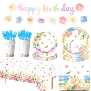 Detailed view of watercolor floral and butterfly party supplies, including plates, cups, and banner.
