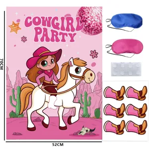 Rosa Cowgirl Party Spiel mit Plakat, Augenbinden und Stickern für den Kindergeburtstag.