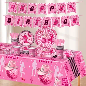 Rosa Western Cowgirl Disco Party Zubehör Set mit Banner Teller Bechern Tischdecke