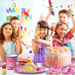 Rosa Western Cowgirl Party Zubehör Set mit Papptellern, Bechern und Servietten für Kindergeburtstag.