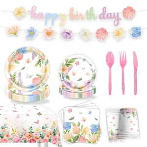 Frühling Blumen Schmetterling Geburtstag Party Zubehör Set mit Banner Teller Bechern Tischdecke