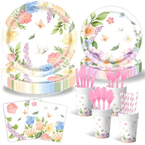 Spring floral butterfly party tableware detail, watercolor botanical plates cups napkins.