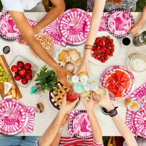 Detailaufnahme von Cowgirl Party Geschirr mit pinken Western Tellern und Servietten.