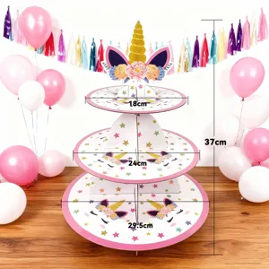 Unicorn Themed 3-Tier Paper Cake Stand For Kids Birthday Party Dessert Table Decoration Cupcake Pastry Holder Display Tray