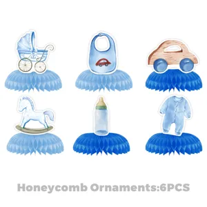 Blue baby shower honeycomb centerpieces 6pcs table decorations for newborn party baby boy.