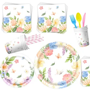 Spring floral butterfly party tableware set including paper plates cups napkins and cutlery
