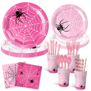 Rosa Halloween Party Geschirr Set mit Spinnennetz Mustern Teller Becher Servietten Besteck.