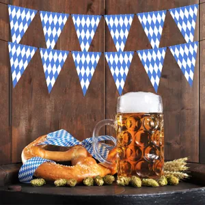 Oktoberfest party hanging banner decoration, blue white diamond pennant flags for festival.