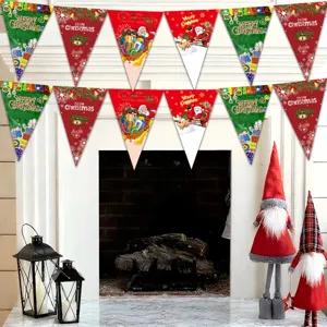 Christmas decorative bunting banner detail showing festive triangular flags hanging on the mantel.