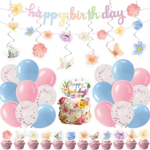 Wildblumen Schmetterling Geburtstag Party Deko Set Blumen Banner Spirale Hängende Wirbel Kuchenaufsätze Luftballons Tischdecke Für Frühlingsparty Gartenfeier
