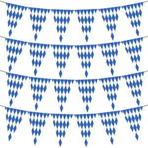 Detailed view of traditional Bavarian blue and white diamond pattern pennants for party flags.