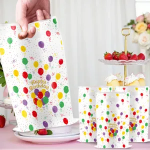 Colorful polka dot balloon birthday party plastic gift bags with convenient handles.