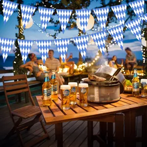 Oktoberfest party decoration hanging triangular banner, blue and white Bavarian diamond pattern.