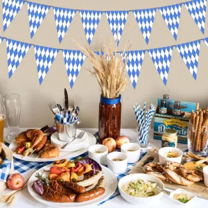 Oktoberfest party decoration bunting banner blue white diamond flags hanging festival decor