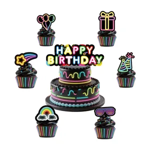 Neon Geburtstag Tortenaufleger Set mit Cupcakes, perfekte Party Dekoration für Feier.