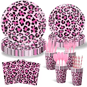 Pink leopard print party tableware set including paper plates cups napkins and cutlery.