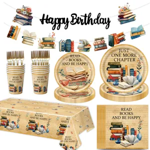 Vintage Buch Thema Party Geschirr Set mit Pappteller, Bechern, Tischdecke und Banner.