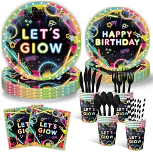 Neon Party Geschirr Set mit Pappteller Bechern Servietten für Disko Geburtstag Feier.