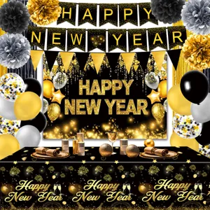 Black and gold New Year party decoration scene details, including banner, backdrop and balloons.