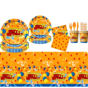 Superheld anime thema verjaardagsfeest set met papieren borden, bekers en tafelkleed.