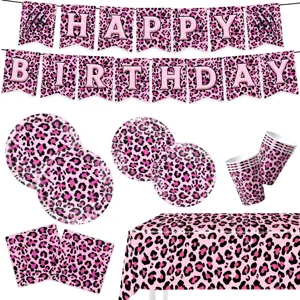 Pink Leopard Print Birthday Party Tableware Set Paper Plates Cups Napkins Tablecloth Banner For Girls Birthday Decorative Supplies