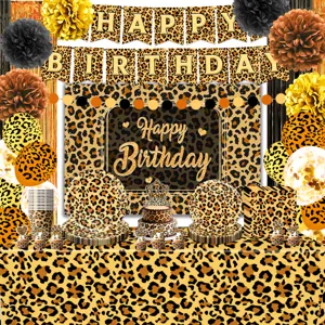 Leopard Muster Geburtstag Party Deko Set Teller Becher Servietten Tischdecke und Banner