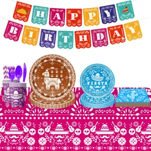 Mexikanische Party-Geschirrset mit Happy Birthday Banner, Papptellern und Tischdecke.