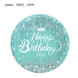 Detailansicht des blauen Glitzer-Geburtstagsparty-Papptellers mit Diamant- und Kronenmuster.