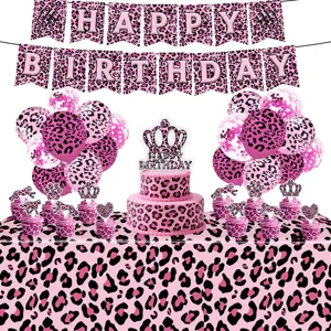 Pink leopard print birthday party decoration set including banners balloons tablecloth cake topper