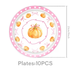 Platos de papel calabaza lazo rosa 9 pulgadas vajilla descartable para fiesta otoño 10pcs